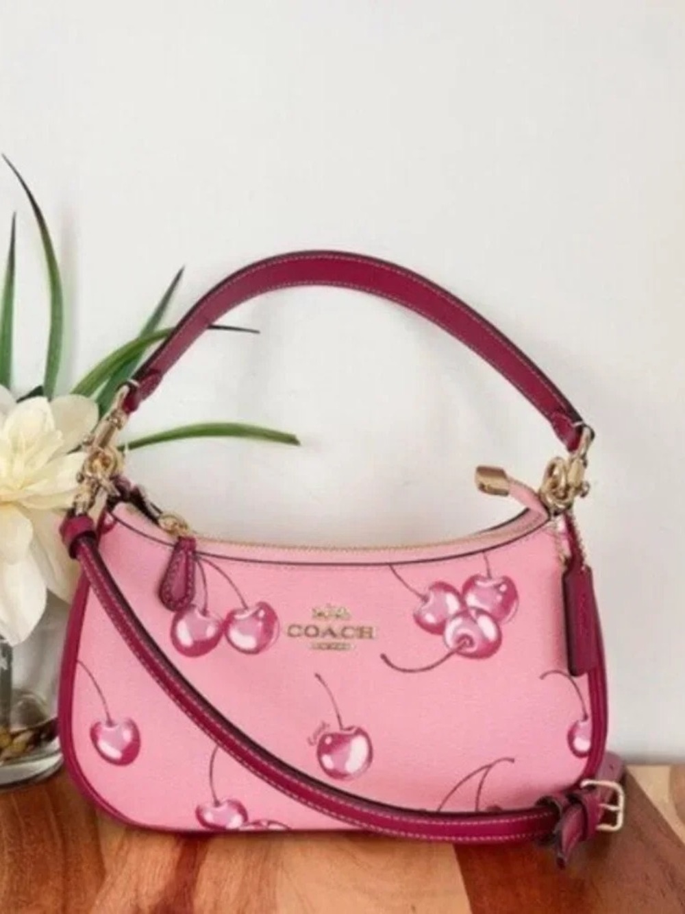 Coach Pink Cherry-Print Shoulder Bag with Magenta Trim